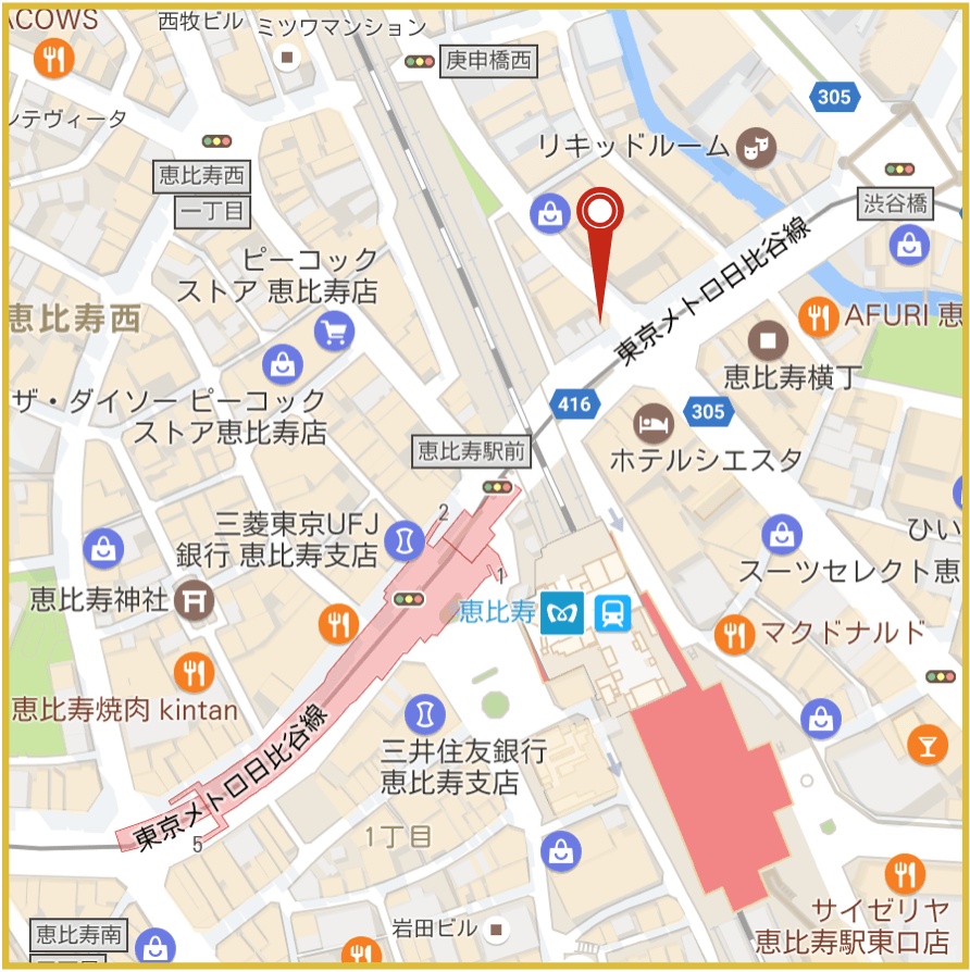 恵比寿駅周辺にあるアイフル店舗の位置