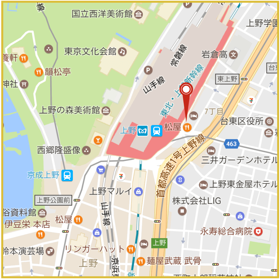 上野駅周辺にあるアイフル店舗の位置