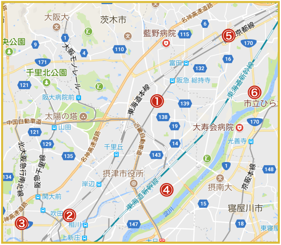 大阪府三島地域にあるアイフル店舗・ATMの位置