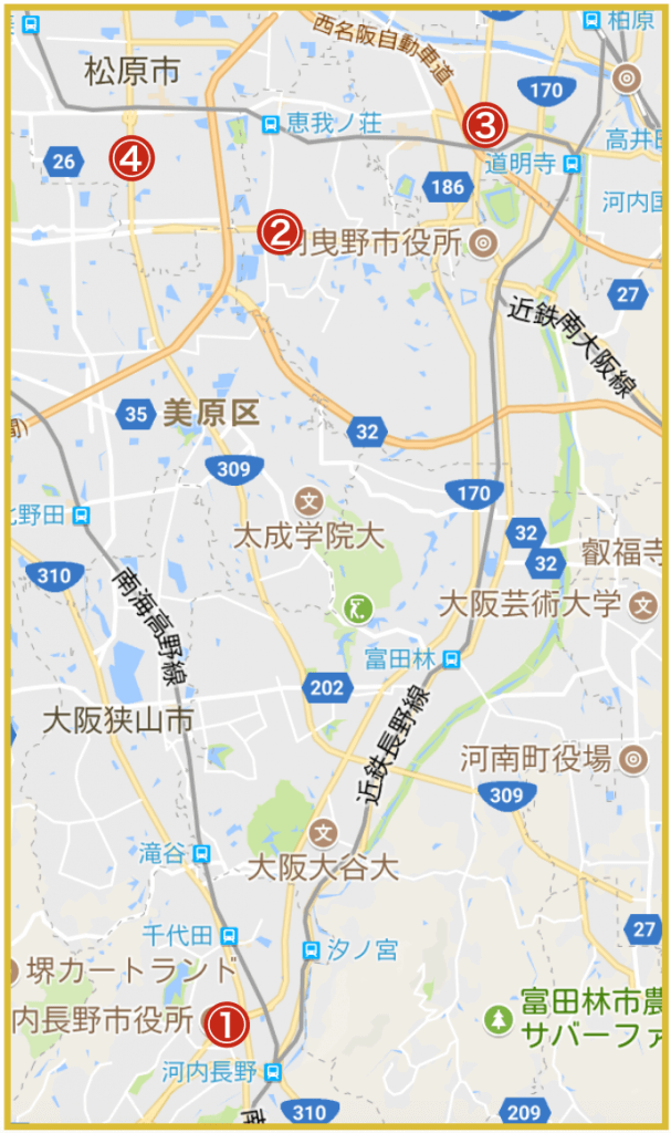 大阪府南河内地域にあるアイフル店舗・ATMの位置