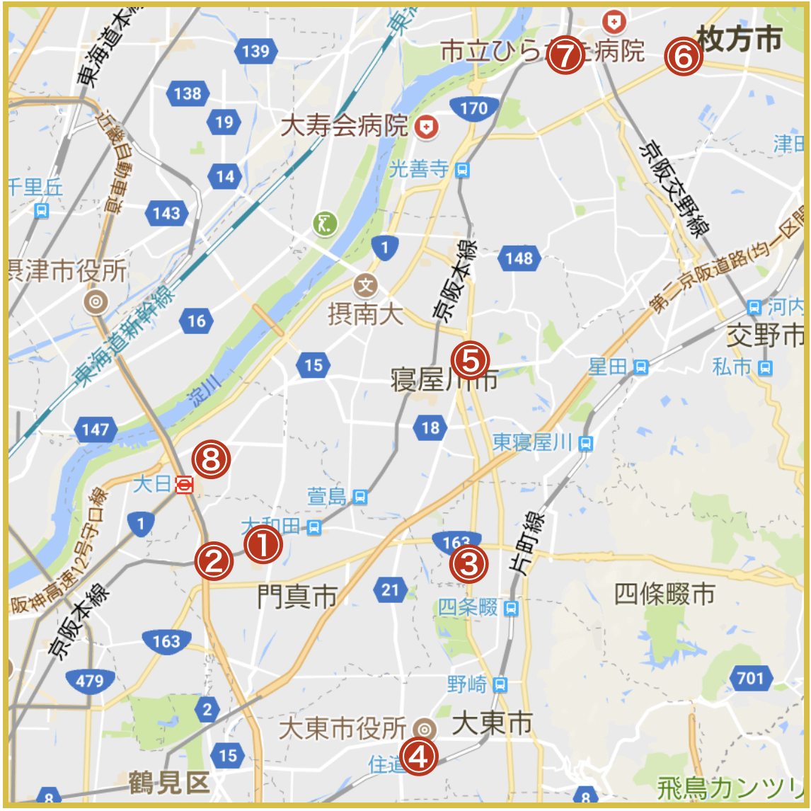 大阪府北河内地域にあるアイフル店舗・ATMの位置