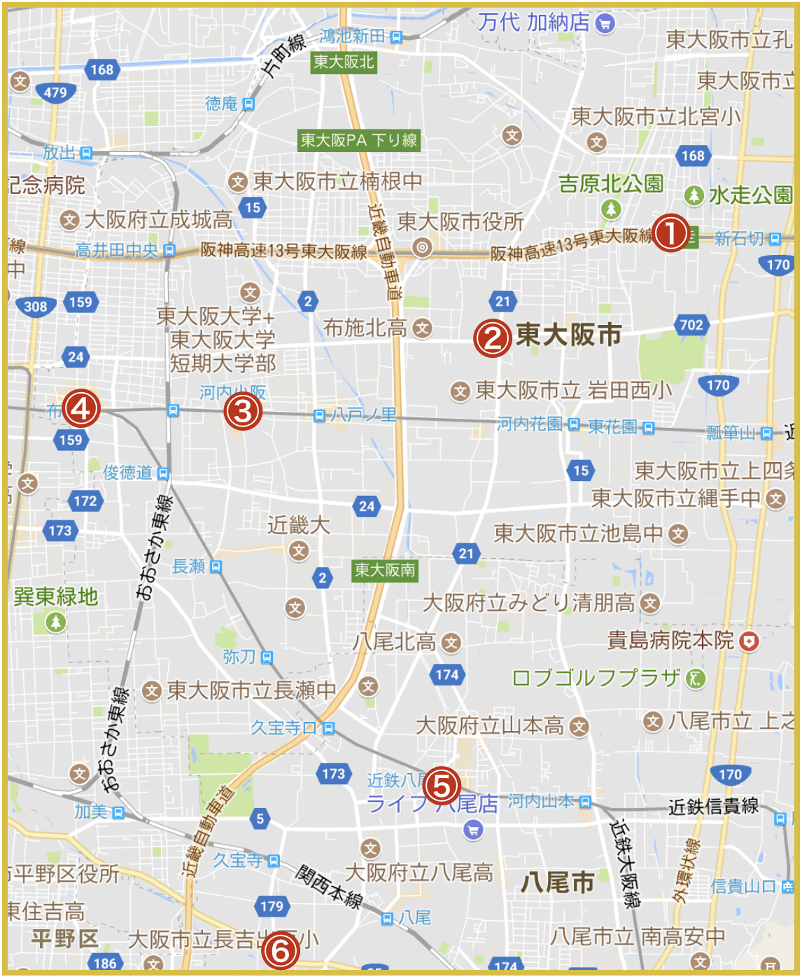 大阪府中河内地域にあるアイフル店舗・ATMの位置