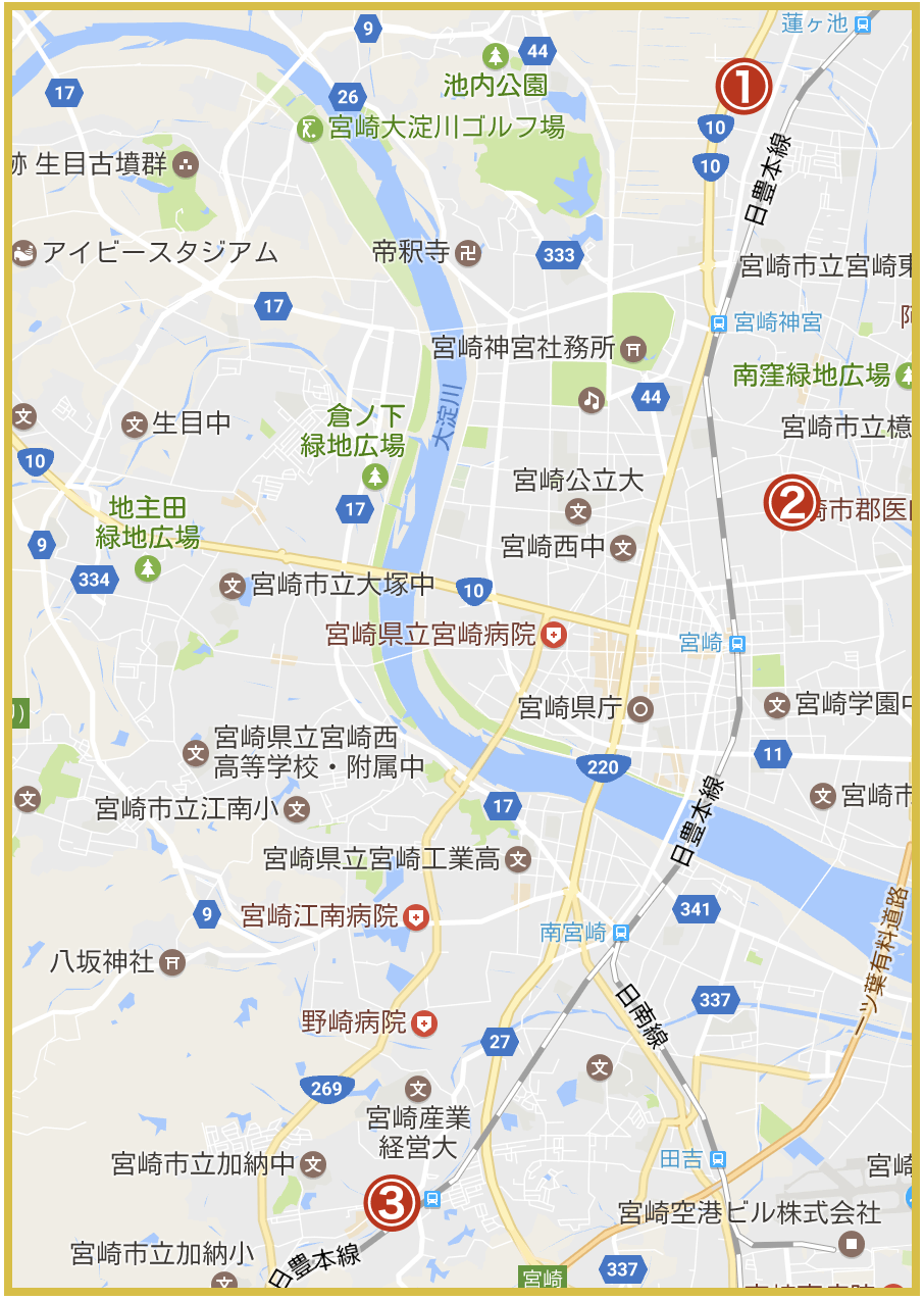 宮崎県宮崎市にあるアイフル店舗・ATMの位置（2020年版）