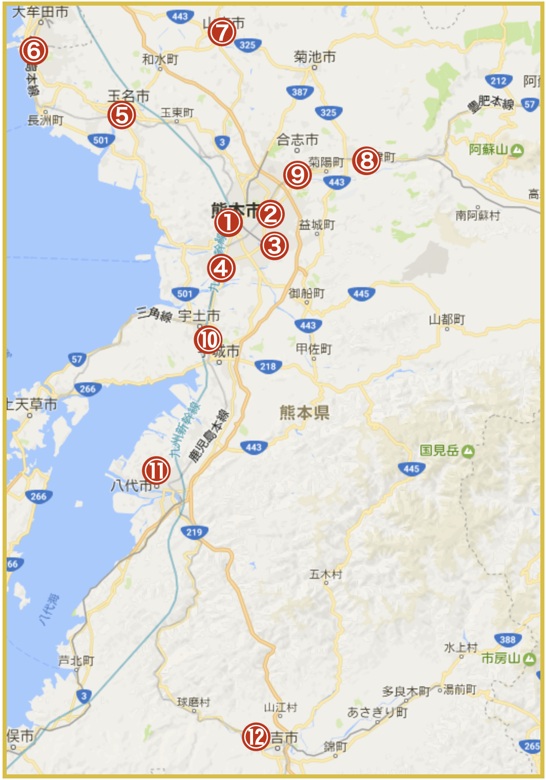 熊本県にあるアイフル店舗・ATMの位置（2020年版）