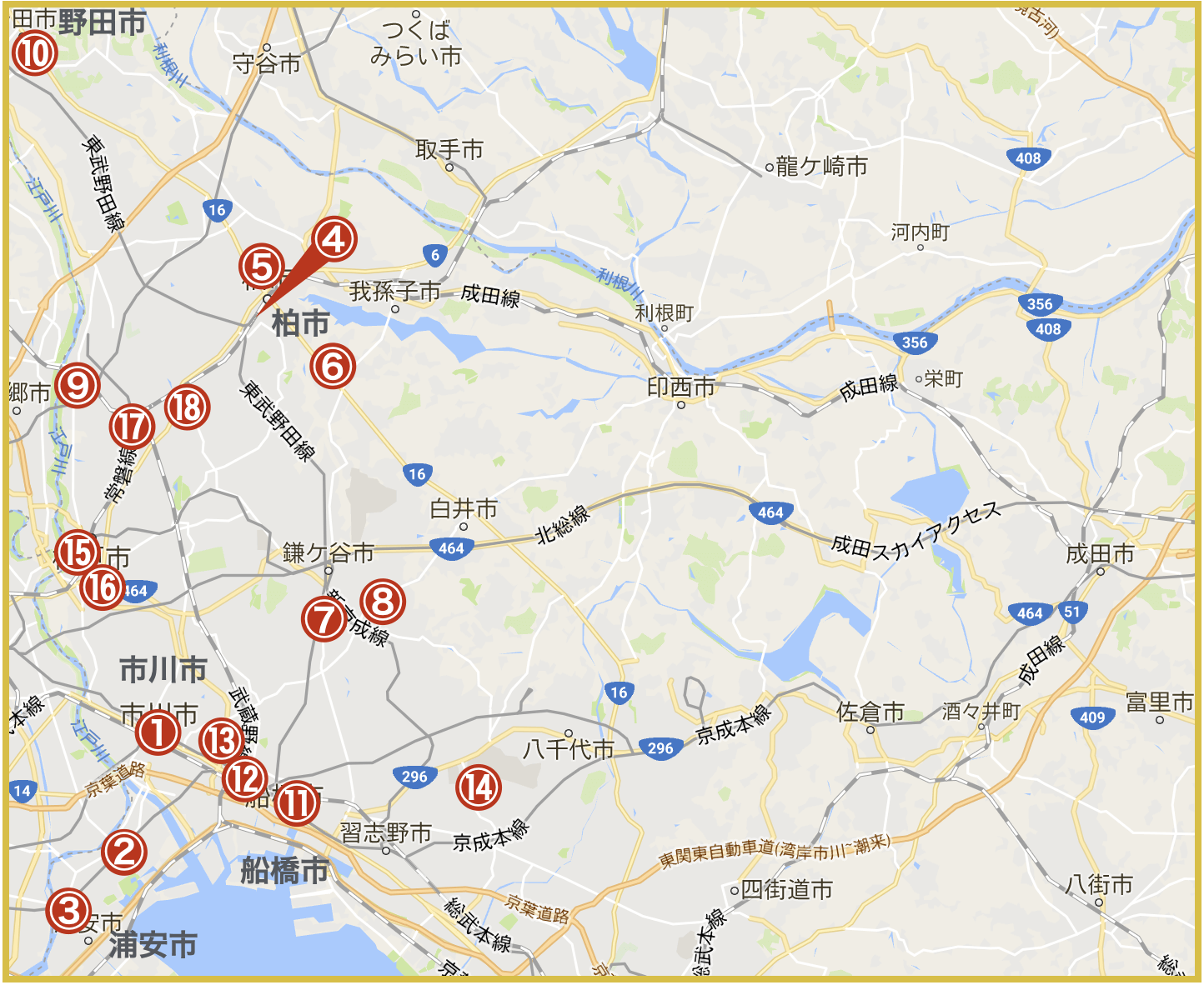 千葉県西地域にあるアイフル店舗・ATMの位置（2020年版）