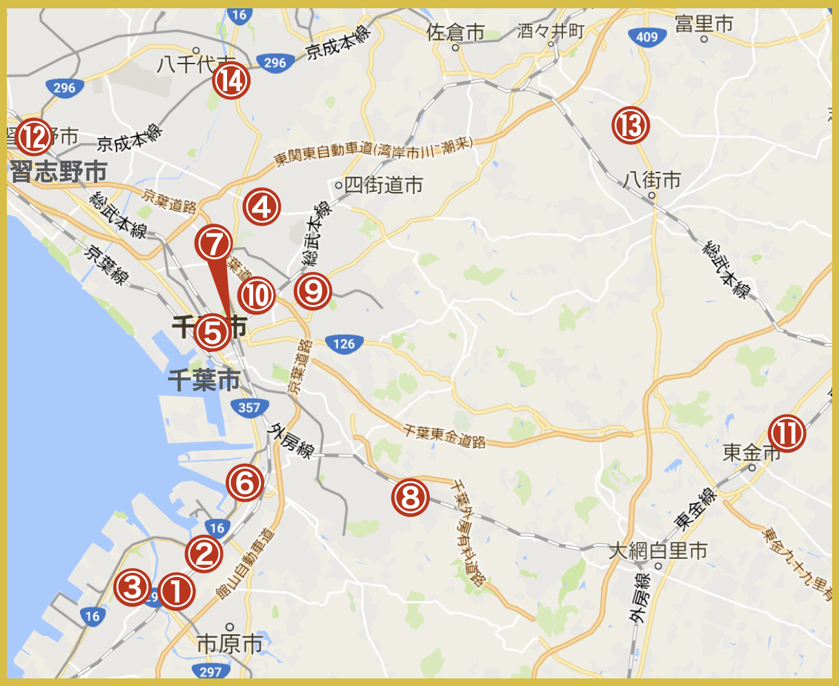 千葉県中央地域にあるアイフル店舗・ATMの位置（2020年版）