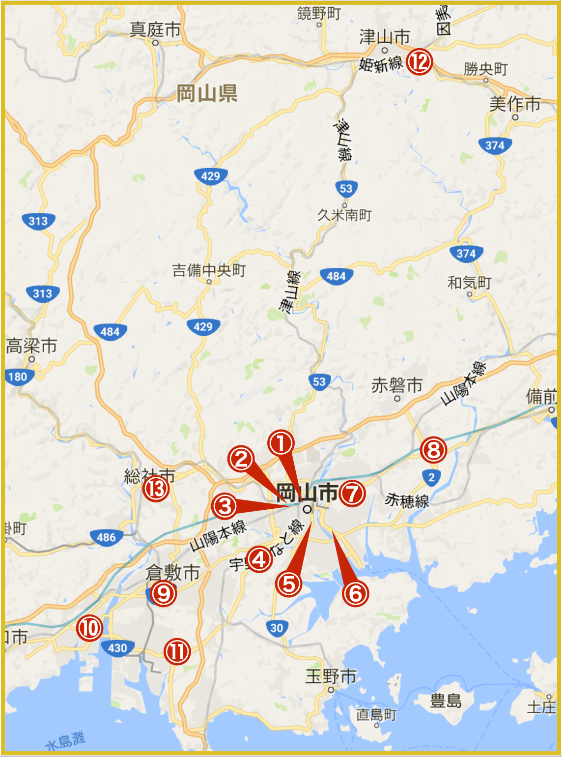 岡山県にあるプロミス店舗・ATMの位置