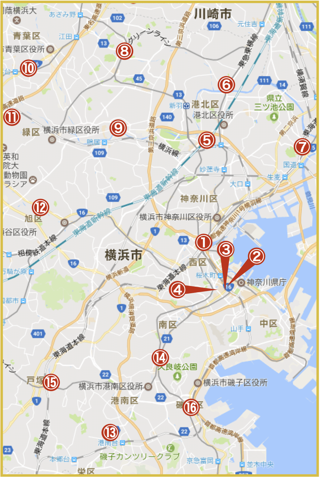 横浜市にあるアイフル店舗・ATMの位置（2020年版）