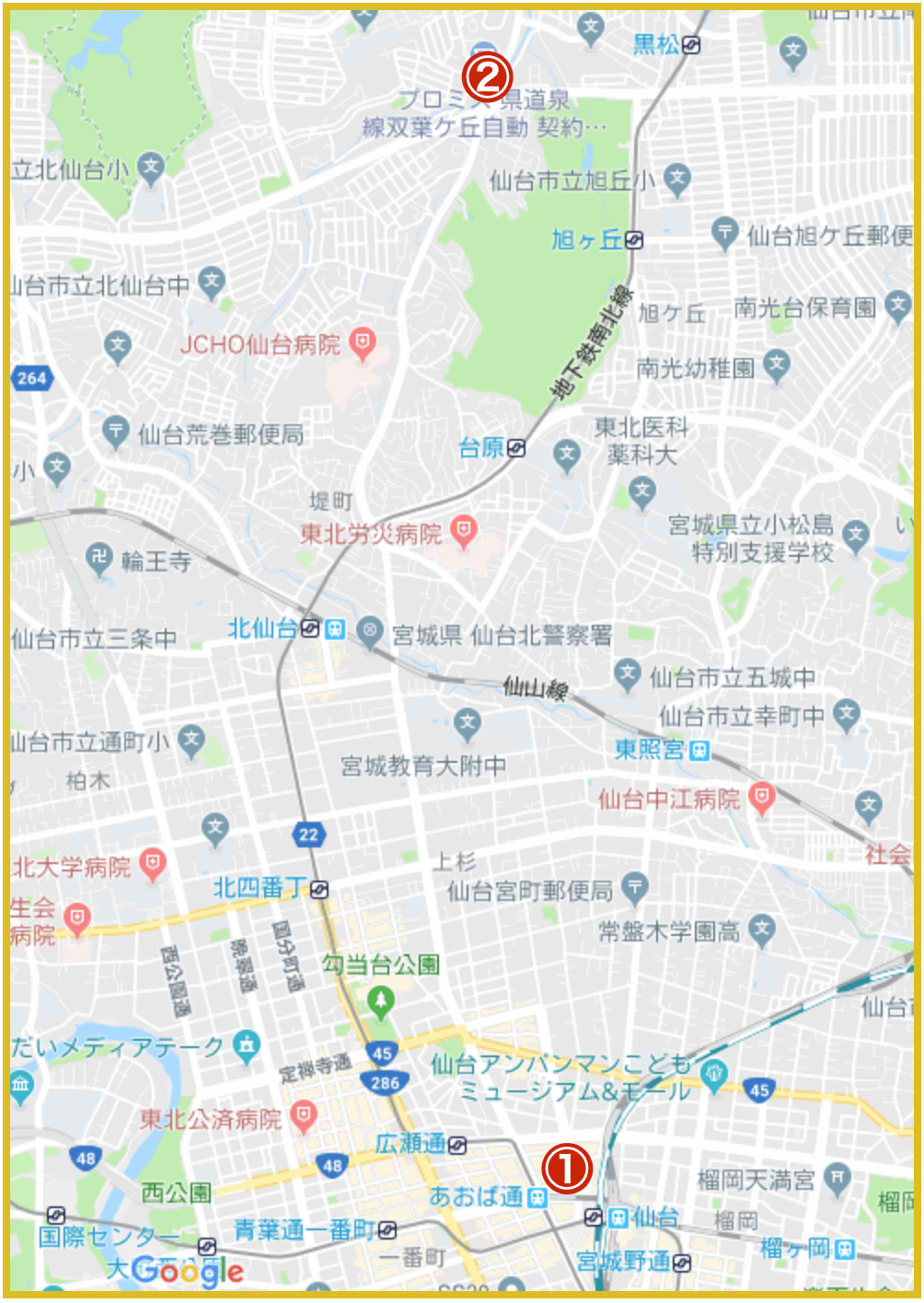 仙台市青葉区にあるアコム店舗・ATMの位置（2021年版）