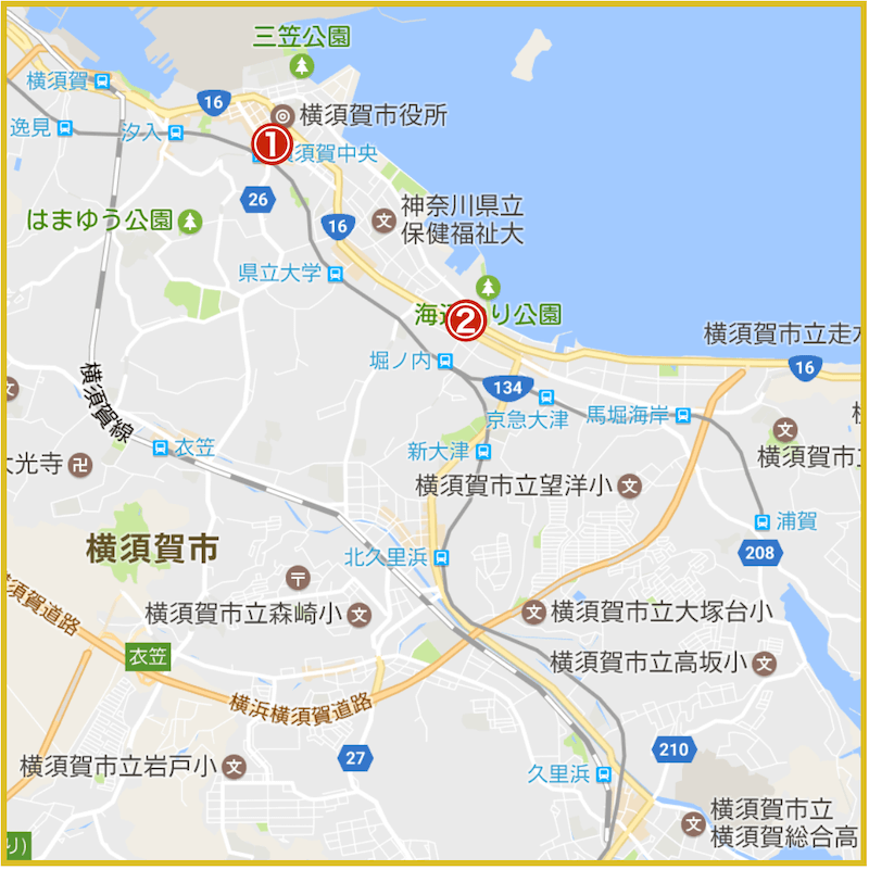 横須賀市にあるアコム店舗・ATMの位置