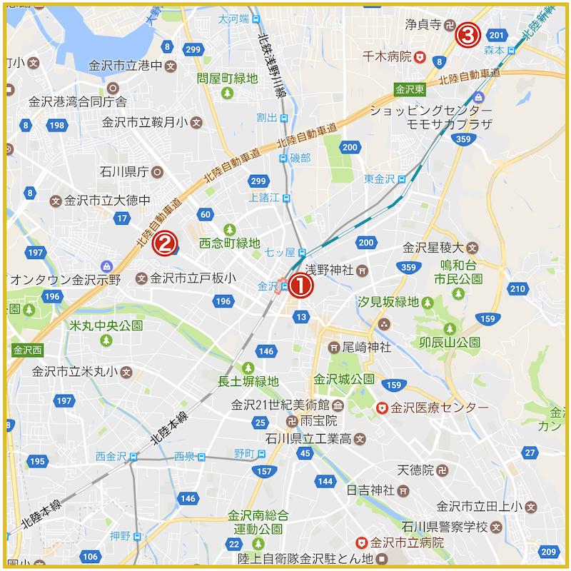 金沢市にあるアイフル店舗・ATMの位置