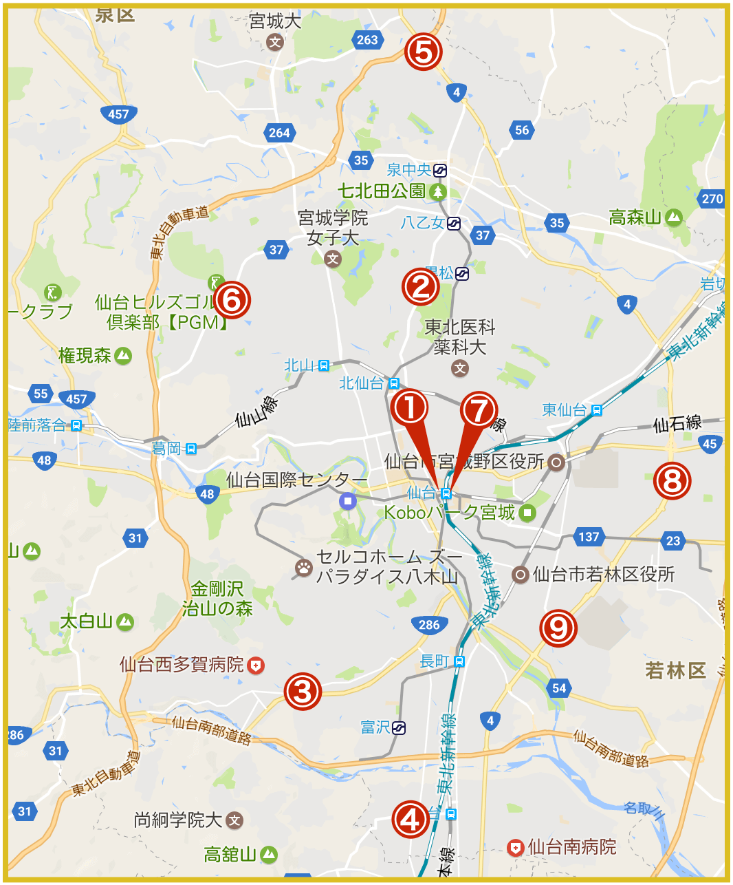 仙台市にあるアコム店舗・ATMの位置（2021年版）