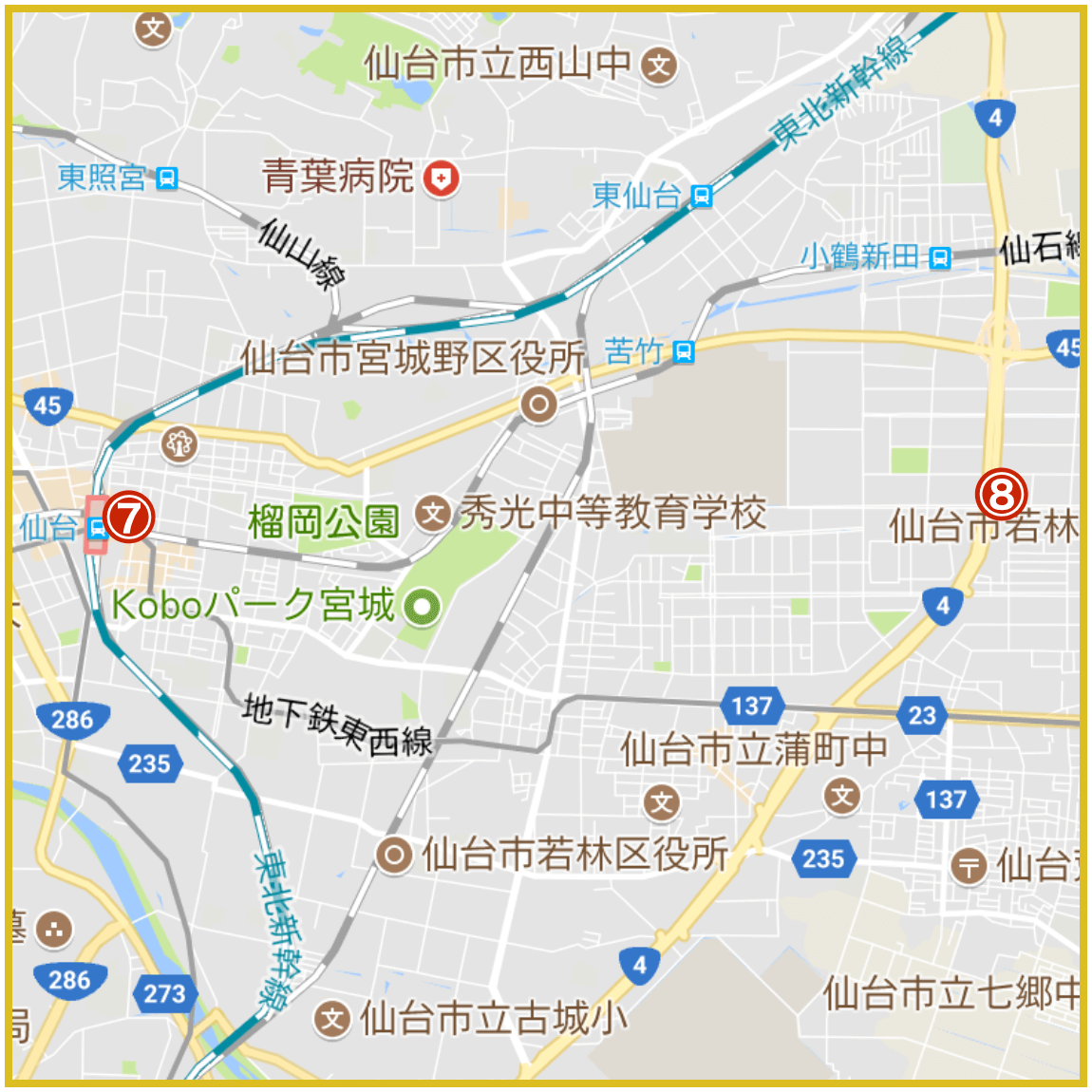 仙台市宮城野区にあるアコム店舗・ATMの位置（2021年版）