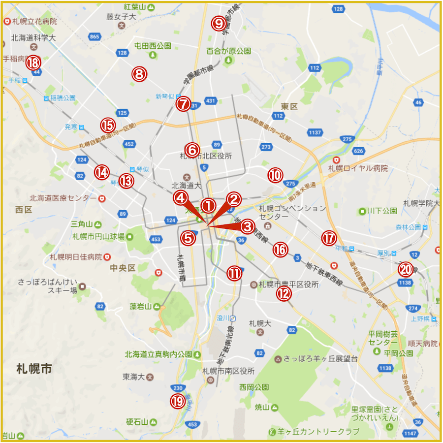 札幌市にあるアイフル店舗の位置（2022年版）
