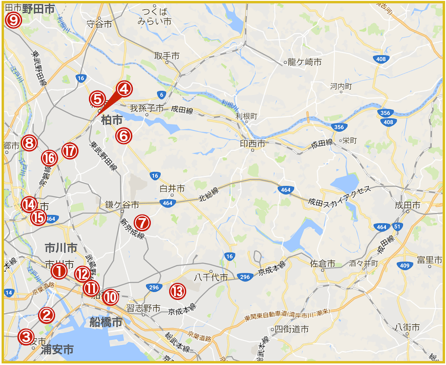 千葉県西地域にあるアイフル店舗・ATMの位置（2022年版）