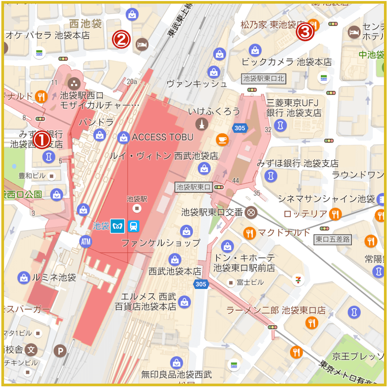 池袋駅周辺にあるアコム店舗・ATMの位置（2022年版）