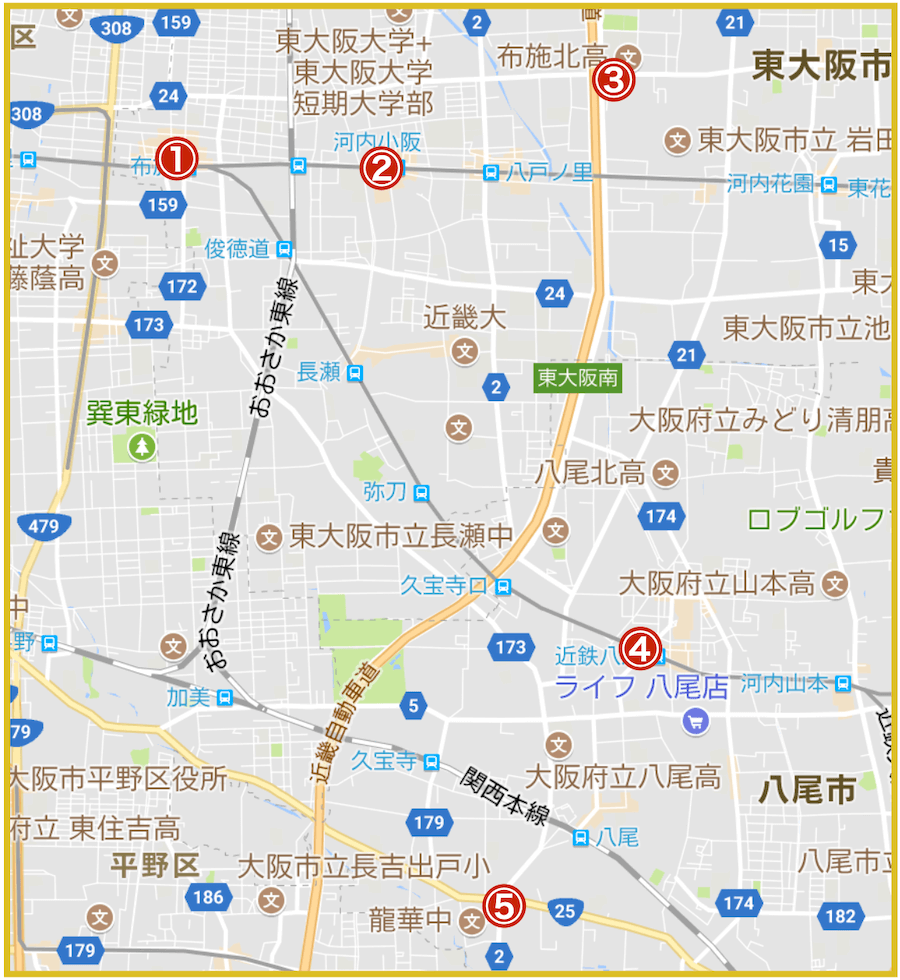 大阪府中河内地域にあるプロミス店舗・ATMの位置（2022年版）