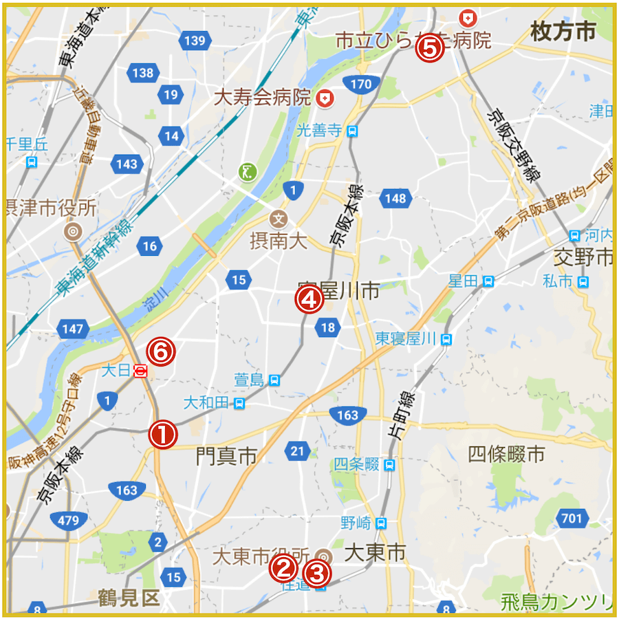 大阪府北河内地域にあるプロミス店舗・ATMの位置（2022年版）