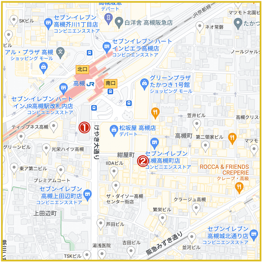 高槻駅から近いアイフル・アコム店舗・ATMの位置