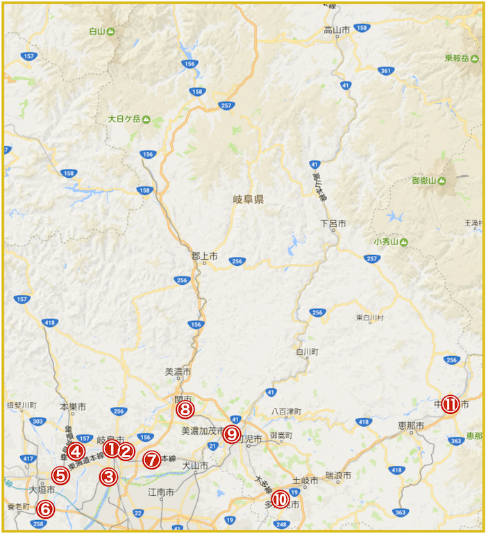 岐阜県にあるアイフル店舗・ATMの位置（2022年版）