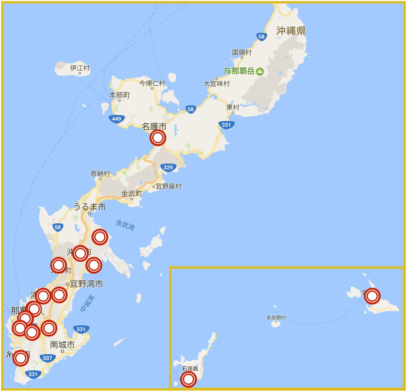 沖縄県にあるアイフル店舗・ATMの位置（2022年10月版）