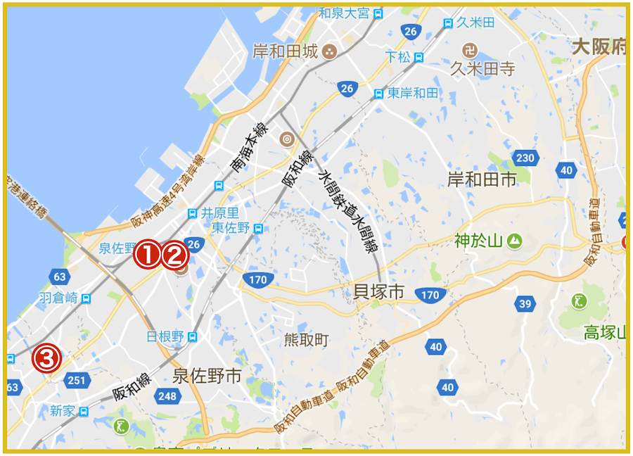 大阪府泉南地域にあるアイフル店舗の位置（2022年版）