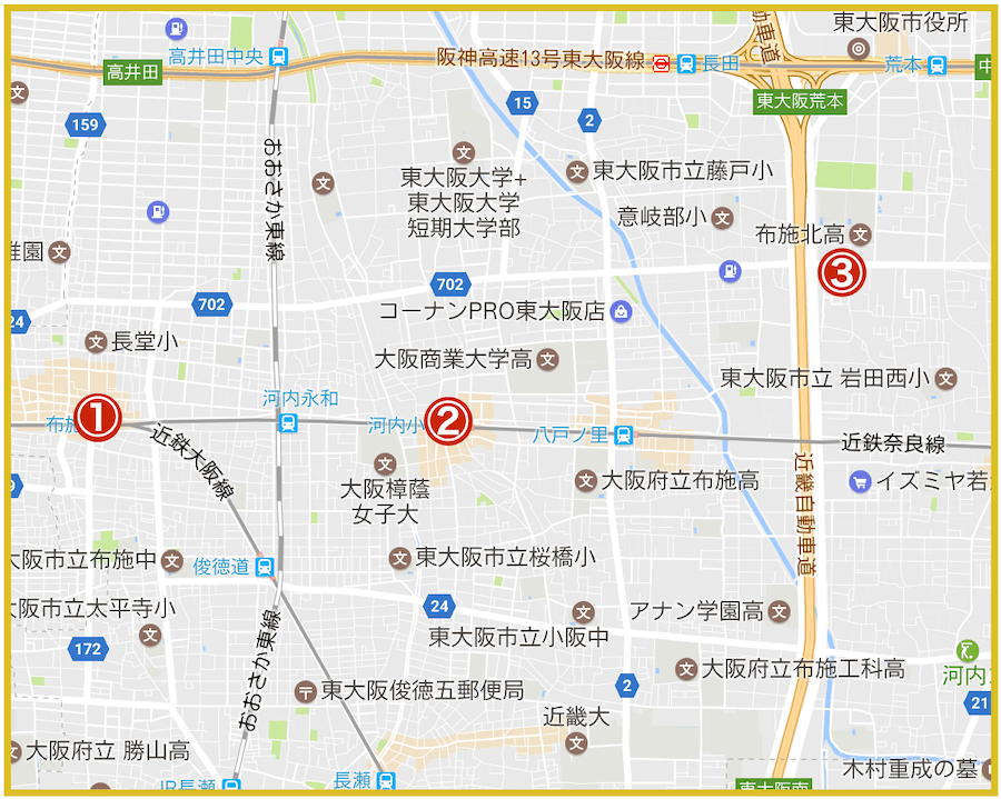 東大阪市にあるプロミス店舗・ATMの位置（2022年版）