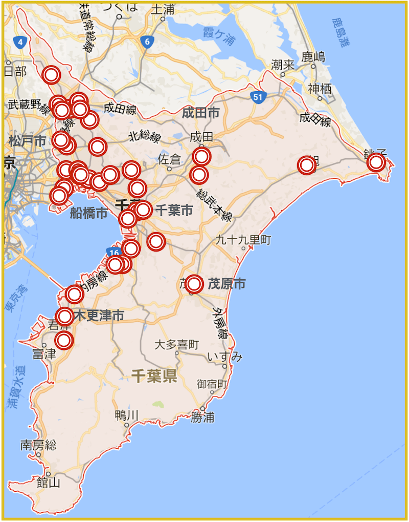 千葉県にあるアイフル店舗・ATMの位置（2022年10月版）