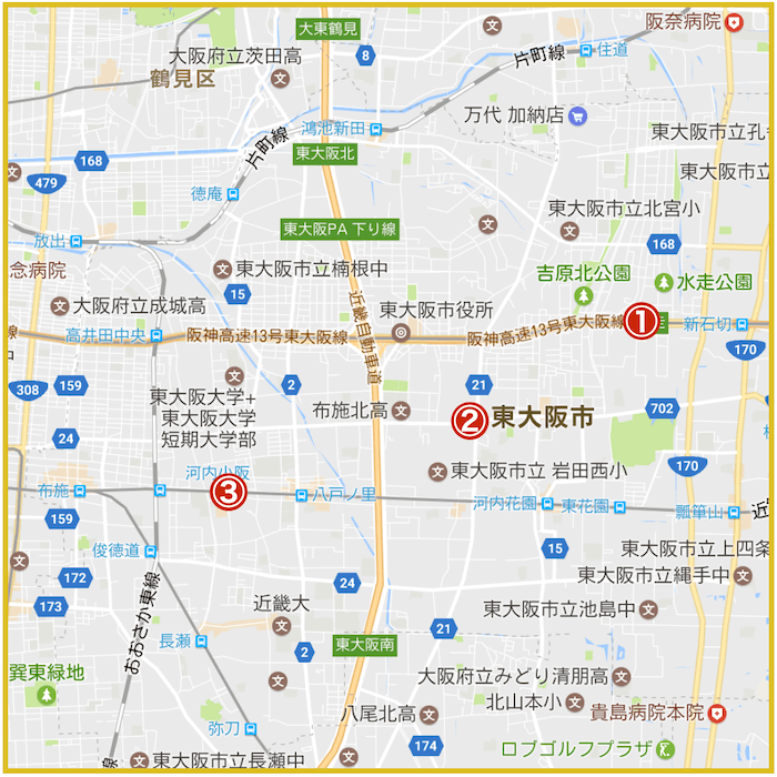 東大阪市にあるアイフル店舗・ATMの位置（2023年版）
