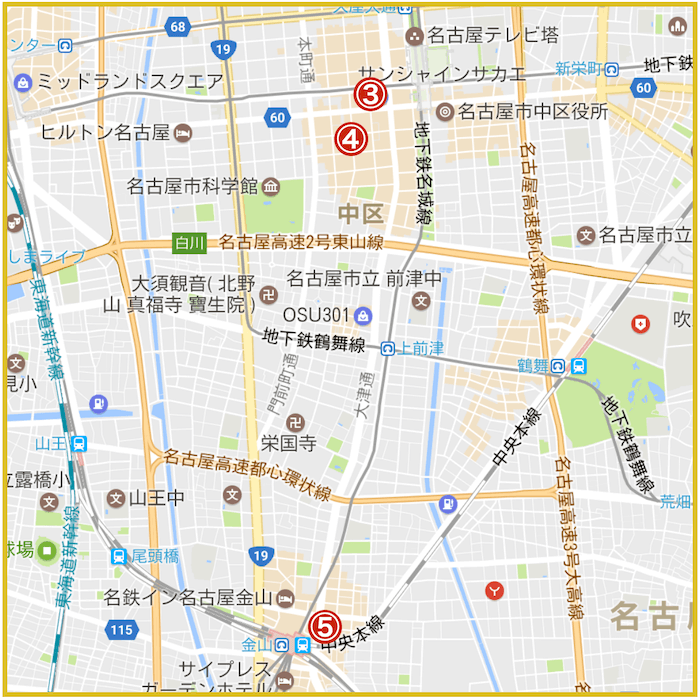 名古屋市中区にあるアコム店舗・ATMの位置（2023年版）