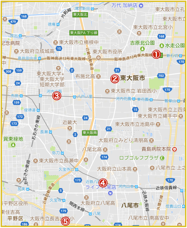 大阪府中河内地域にあるアイフル店舗・ATMの位置（2023年版）