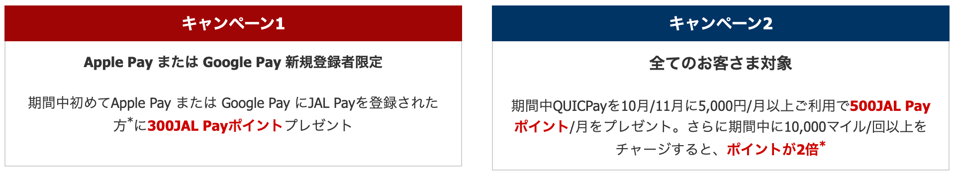 JAL Pay × QUICPay 新規登録＋ご利用キャンペーン1・2